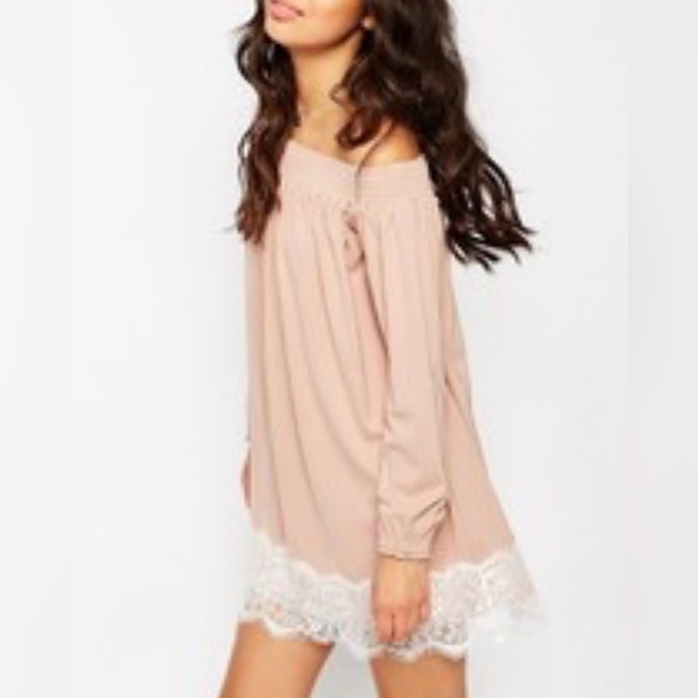 ASOS Off-Shoulder Dress in Crepe with Eyelash Lace Hem - Pink, XS